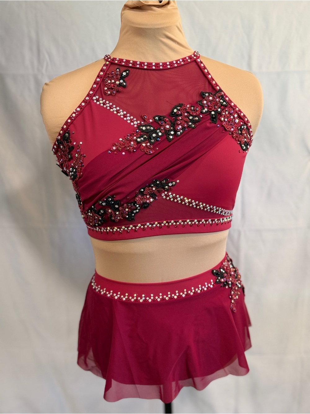 Embellished Raspberry Halter Crop Top & Skirt Set